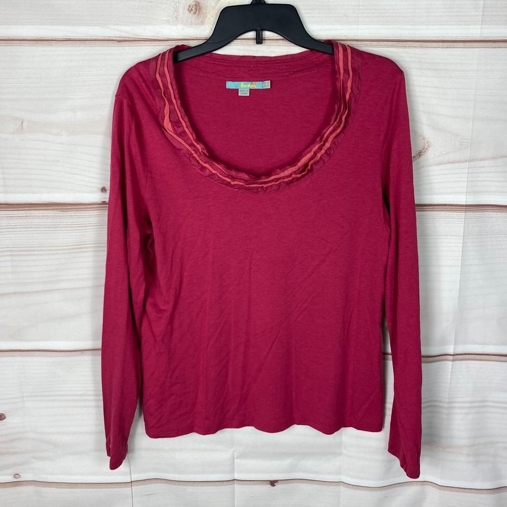 Boden Top Women US 10 Pink Scoop Neck T-Shirt Long Sleeve Solid Ruffle Neck Knit